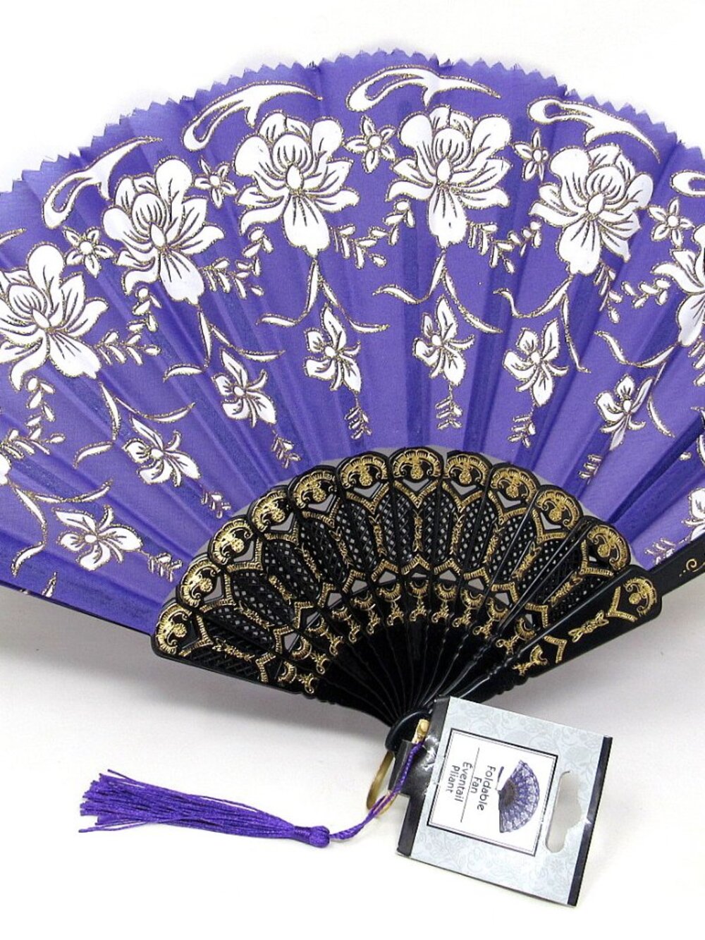 Purple Flowers Black Frame Folding Hand Held Fan Summer Party Costume Wedding